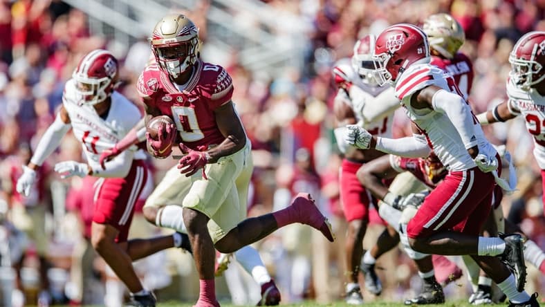 Florida State Seminoles running back Jashaun Corbin (0) looks over his shoulder as he makes his way down the field. The Florida State Seminoles leads the Massachusetts Minutemen 38-3 at the half Saturday, Oct. 23, 2021.

Fsu V Umass1421