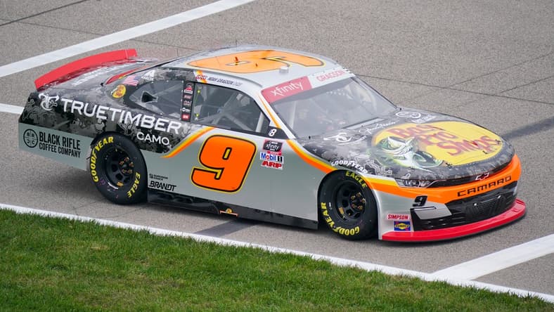 Oct 23, 2021; Kansas City, MO, USA; NASCAR Xfinity Series driver Noah Gragson (9) pulls out of pit lane at the start of the Kansas Lottery 300 at Kansas Speedway. Mandatory Credit: Denny Medley-USA TODAY Sports