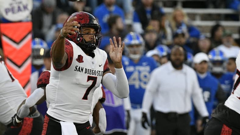 Oct 23, 2021; Colorado Springs, Colorado, USA;  San Diego State Aztecs quarterback Lucas Johnson (7) throws a pass during the first quarter against the Air Force Falcons at Falcon Stadium. Mandatory Credit: John Leyba-USA TODAY Sports