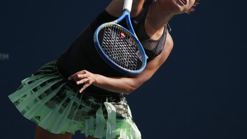 Aug 26, 2019; Flushing, NY, USA; Shuai Peng of China returns serves against Varvara Lepchenko of the United States in a first round match on day one of the 2019 U.S. Open tennis tournament at USTA Billie Jean King National Tennis Center. Mandatory Credit: Jerry Lai-USA TODAY Sports