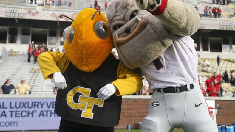 Nov 30, 2019; Atlanta, GA, USA; Georgia Tech Yellow Jackets mascot Buzz and Georgia Bulldogs mascot Hairy Dawg after a game at Bobby Dodd Stadium. Mandatory Credit: Brett Davis-USA TODAY Sports