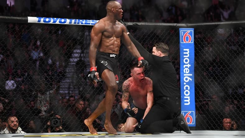 Dec 14, 2019; Las Vegas, NV, USA; (Editor's Note: Graphic Content) Kamaru Usman (red gloves) reacts as referee Marc Goddard stops his bout against Colby Covington (blue gloves) during UFC 245 at T-Mobile Arena. Mandatory Credit: Stephen R. Sylvanie-USA TODAY Sports