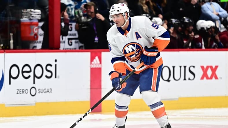 Feb 19, 2020; Denver, Colorado, USA; New York Islanders defenseman Johnny Boychuk (55) before the game against the Colorado Avalanche at the Pepsi Center. Mandatory Credit: Ron Chenoy-USA TODAY Sports