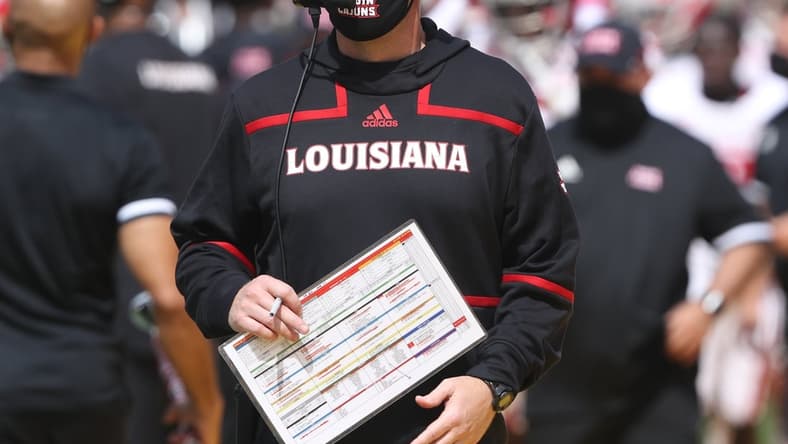 Sep 12, 2020; Ames, Iowa, USA; Louisiana-Lafayette Ragin Cajuns head coach Billy Napier watches his team play against the Iowa State Cyclones at Jack Trice Stadium. The Ragin Cajuns beat the Cyclones 31 to 14.   Mandatory Credit: Reese Strickland-USA TODAY Sports