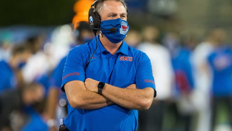 Nov 14, 2020; Tulsa, Oklahoma, USA;  Southern Methodist Mustangs head coach Sonny Dykes on the sidelines during the game against the Tulsa Golden Hurricane at Skelly Field at H.A. Chapman Stadium. Tulsa won 28-24. Mandatory Credit: Brett Rojo-USA TODAY Sports