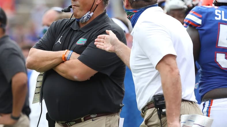 Nov 28, 2020; Gainesville, FL, USA;  Florida Gators head coach Dan Mullen yells at defensive coordinator Todd Grantham during a football game against the Kentucky Wildcats at Ben Hill Griffin Stadium in Gainesville, Fla. Nov. 28, 2020.  Mandatory Credit: Brad McClenny-USA TODAY NETWORK