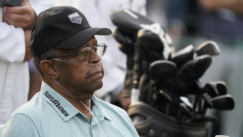 Apr 8, 2021; Augusta, Georgia, USA; Honorary starter Lee Elder watches on the 1st tee during the first round of The Masters golf tournament. Mandatory Credit: Rob Schumacher-USA TODAY Sports