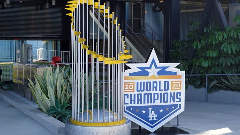 May 12, 2021; Los Angeles, California, USA; A replica 2020 MLB World Series Commissioner's Trophy won by the Los Angeles Dodgers in the center field plaza at Dodger Stadium. Mandatory Credit: Kirby Lee-USA TODAY Sports