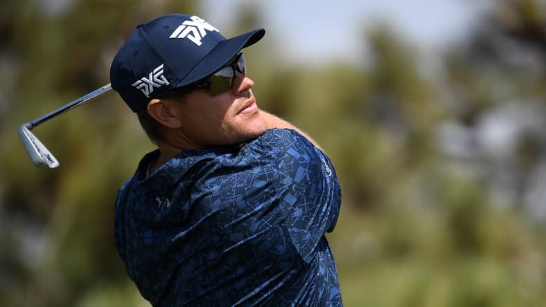 Jun 15, 2021; San Diego, California, USA; Kyle Westmoreland plays his shot from the 16th tee during a practice round of the U.S. Open golf tournament at Torrey Pines. Mandatory Credit: Orlando Ramirez-USA TODAY Sports