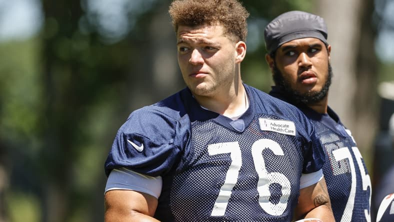 Jun 16, 2021; Lake Forest, Illinois, USA; Chicago Bears Teven Jenkins looks on during minicamp at Halas Hall. Mandatory Credit: Kamil Krzaczynski-USA TODAY Sports