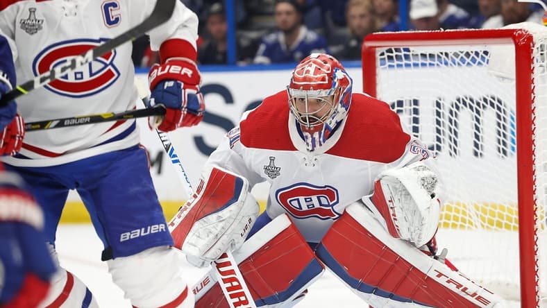 Jul 7, 2021; Tampa, Florida, USA; Montreal Canadiens goaltender Carey Price (31) defends the net against the Tampa Bay Lightning during the second period in game five of the 2021 Stanley Cup Final at Amalie Arena. Mandatory Credit: Kim Klement-USA TODAY Sports