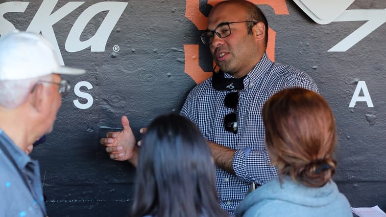 Jul 9, 2021; San Francisco, California, USA; San Francisco Giants president of baseball operations Farhan Zaidi before the game against the Washington Nationals at Oracle Park. Mandatory Credit: Sergio Estrada-USA TODAY Sports