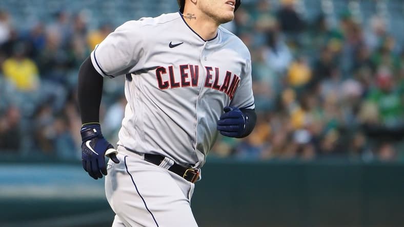 Jul 16, 2021; Oakland, California, USA; Cleveland Indians catcher Roberto Perez (55) rounds the bases on a home run against the Oakland Athletics during the fifth inning at RingCentral Coliseum. Mandatory Credit: Kelley L Cox-USA TODAY Sports
