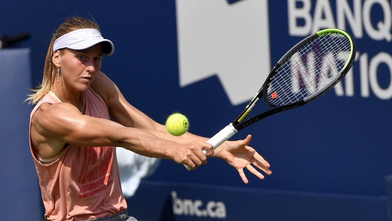 Aug 6, 2021; Montreal, Quebec, Canada; LiudmilaSamsonova of Russia practices on centre court prior to the start of the National Bank Open at Stade IGA. Mandatory Credit: Eric Bolte-USA TODAY Sports