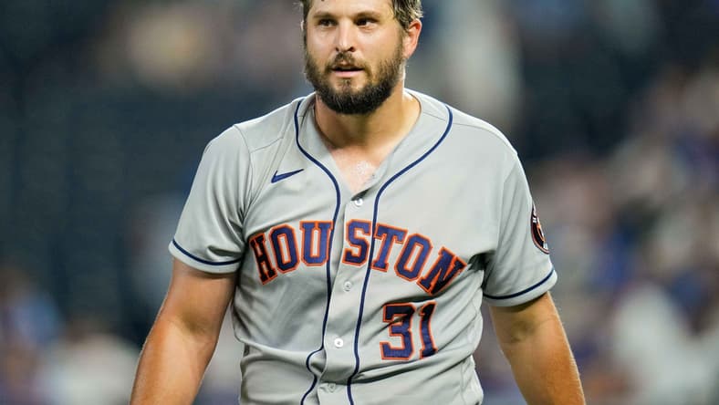 Aug 18, 2021; Kansas City, Missouri, USA; Houston Astros relief pitcher Kendall Graveman (31) reacts during the seventh inning against the Kansas City Royals at Kauffman Stadium. Mandatory Credit: Jay Biggerstaff-USA TODAY Sports
