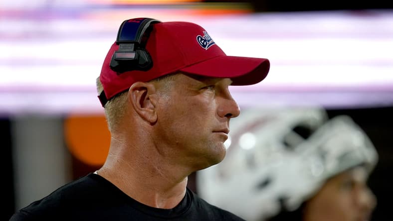Sep 11, 2021; Fresno, California, USA; Fresno State Bulldogs head coach Kalen Deboer looks on from the sideline against the Cal Poly Mustangs in the third quarter at Bulldog Stadium. Mandatory Credit: Cary Edmondson-USA TODAY Sports