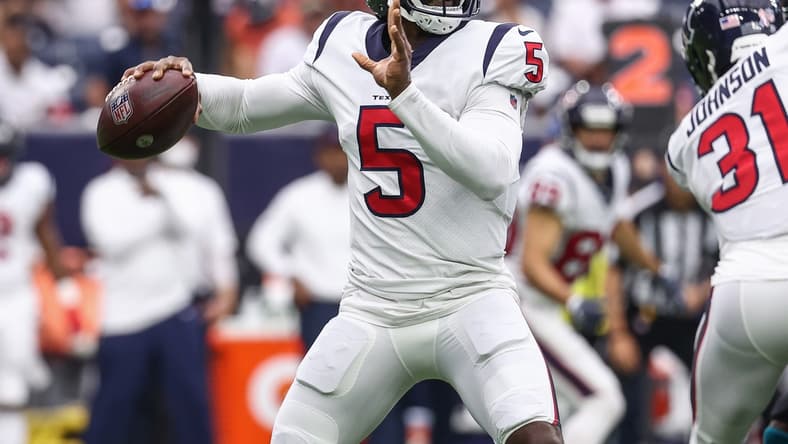 Sep 12, 2021; Houston, Texas, USA; Houston Texans quarterback Tyrod Taylor (5) attempts a pass during the game against the Jacksonville Jaguars at NRG Stadium. Mandatory Credit: Troy Taormina-USA TODAY Sports