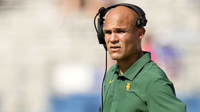 Sep 18, 2021; Lawrence, Kansas, USA; Baylor Bears head coach Dave Aranda looks on during the first half against the Kansas Jayhawks at David Booth Kansas Memorial Stadium. Mandatory Credit: Jay Biggerstaff-USA TODAY Sports