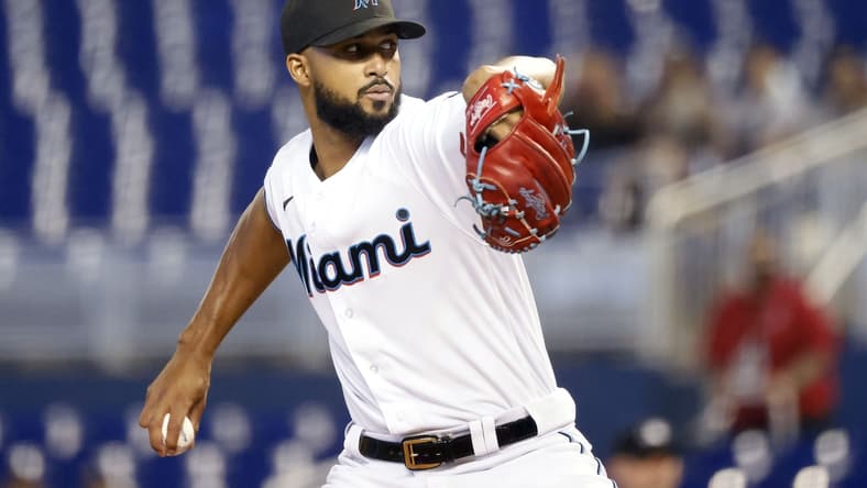 Sep 19, 2021; Miami, Florida, USA;  Miami Marlins pitcher Sandy Alcantara (22) pitches against the Pittsburgh Pirates during the first inning at loanDepot Park. Mandatory Credit: Rhona Wise-USA TODAY Sports