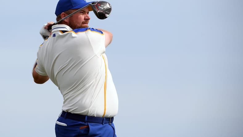 Sep 26, 2021; Haven, Wisconsin, USA; Team Europe player Shane Lowry plays his shot from the fourth tee during day three singles rounds for the 43rd Ryder Cup golf competition at Whistling Straits. Mandatory Credit: Orlando Ramirez-USA TODAY Sports