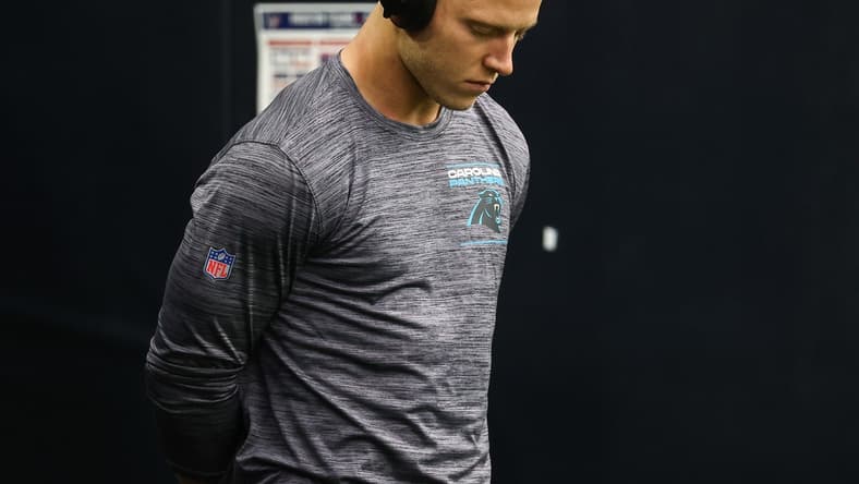Sep 23, 2021; Houston, Texas, USA; Carolina Panthers running back Christian McCaffrey (22) prepares to walk onto the field before the game against the Houston Texans at NRG Stadium. Mandatory Credit: Troy Taormina-USA TODAY Sports