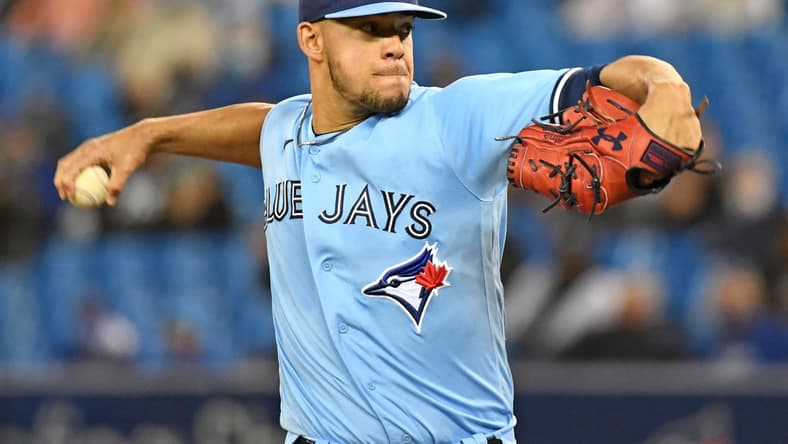 Sep 29, 2021; Toronto, Ontario, CAN; Toronto Blue Jays starting pitcher Jose Berrios (17) throws a pitch against New York Yankees in the first inning at Rogers Centre. Mandatory Credit: Dan Hamilton-USA TODAY Sports