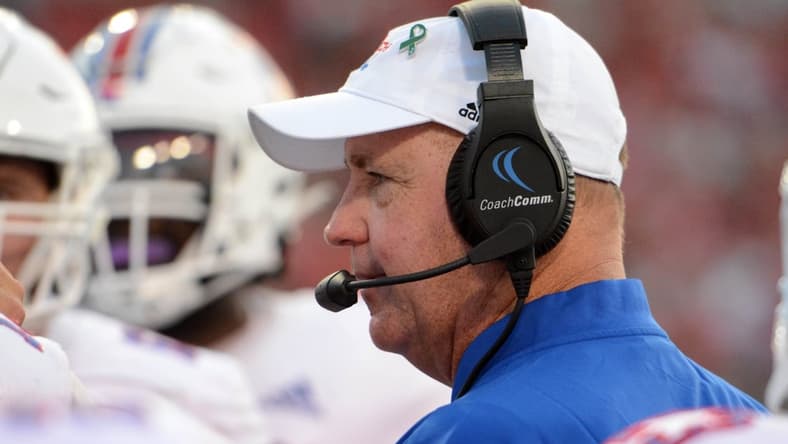 Oct 2, 2021; Raleigh, North Carolina, USA; Louisiana Tech Bulldogs head coach Skip Holtz talks to his players during the first half against the North Carolina State Wolfpack at Carter-Finley Stadium. Mandatory Credit: Rob Kinnan-USA TODAY Sports