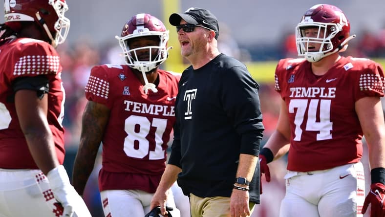 Oct 2, 2021; Philadelphia, Pennsylvania, USA; Temple Owls head coach Rod Carey reacts in the second half against the Memphis Tigers at Lincoln Financial Field. Mandatory Credit: Kyle Ross-USA TODAY Sports