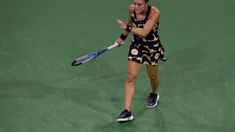 Oct 9, 2021; Indian Wells, CA, USA; Maria Sakkari (GRE) reacts after losing a point against Viktorija Golubic (SUI) at Indian Wells Tennis Garden. Mandatory Credit: Orlando Ramirez-USA TODAY Sports