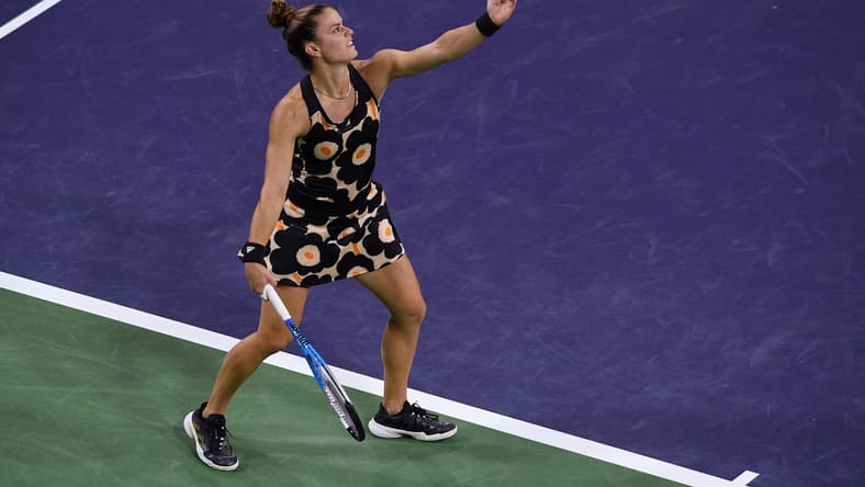 Oct 9, 2021; Indian Wells, CA, USA; Maria Sakkari (GRE) serves against Viktorija Golubic (SUI) at Indian Wells Tennis Garden. Mandatory Credit: Orlando Ramirez-USA TODAY Sports