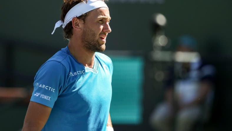 Casper Ruud of Norway looks up to the stands while playing Diego Schwartzman of Argentina during their round four match of the BNP Paribas Open, Wednesday, Oct. 13, 2021, in Indian Wells, Calif.