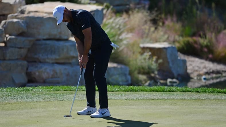 Oct 14, 2021; Las Vegas, Nevada, USA; Brooks Koepka putts on the sixth green during the first round of the CJ Cup golf tournament. Mandatory Credit: Joe Camporeale-USA TODAY Sports