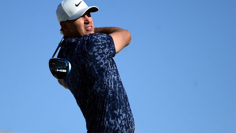 Oct 15, 2021; Las Vegas, Nevada, USA; Brooks Koepka tees off on the first during the second round of the CJ Cup golf tournament at The Summit Club. Mandatory Credit: Joe Camporeale-USA TODAY Sports