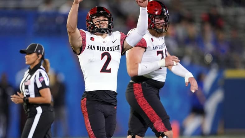 Oct 15, 2021; San Jose, California, USA; San Diego State Aztecs kicker Matt Araiza (2) gestures after a made field goal during the second quarter against the San Jose State Spartans at CEFCU Stadium. Mandatory Credit: Darren Yamashita-USA TODAY Sports