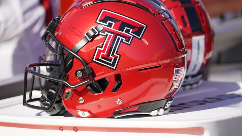 Oct 16, 2021; Lawrence, Kansas, USA; A general view of a Texas Tech Red Raiders helmet against the Kansas Jayhawks during the first half at David Booth Kansas Memorial Stadium. Mandatory Credit: Denny Medley-USA TODAY Sports