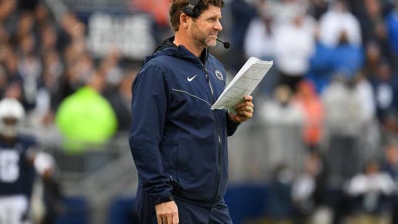 Oct 23, 2021; University Park, Pennsylvania, USA; Penn State Nittany Lions defensive coordinator Brent Pry looks on against the Illinois Fighting Illini during overtime at Beaver Stadium. Mandatory Credit: Rich Barnes-USA TODAY Sports