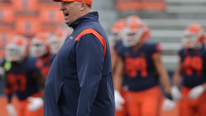 Oct 30, 2021; Champaign, Illinois, USA; Illinois Fighting Illini head coach Bret Bielema before the start of Saturday s NCAA football game with the Rutgers Scarlet Knights at Memorial Stadium. Mandatory Credit: Ron Johnson-USA TODAY Sports