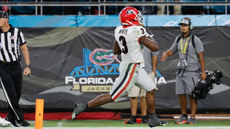 Oct 30, 2021; Jacksonville, Florida, USA; Georgia Bulldogs running back Zamir White (3) scores a touchdown against the Florida Gators during the second half at TIAA Bank Field. Mandatory Credit: Kim Klement-USA TODAY Sports