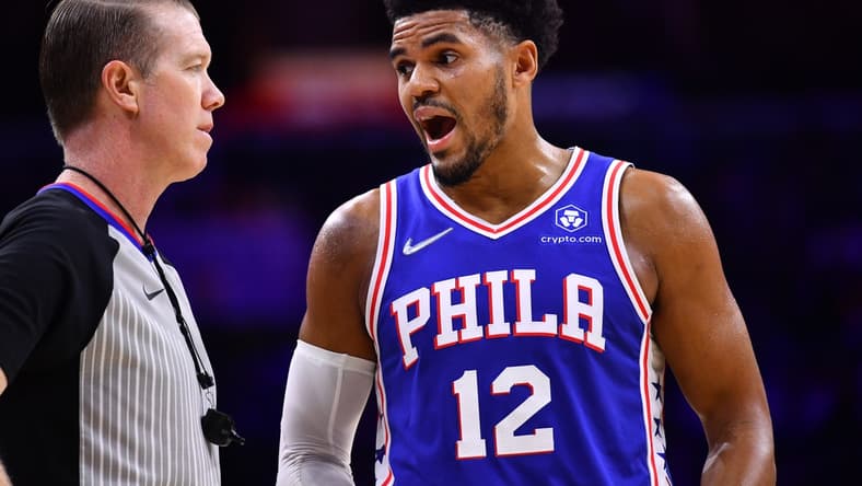 Oct 30, 2021; Philadelphia, Pennsylvania, USA; Philadelphia 76ers forward Tobias Harris (12) reacts to a foul call in the second quarter against the Atlanta Hawks at Wells Fargo Center. Mandatory Credit: Kyle Ross-USA TODAY Sports