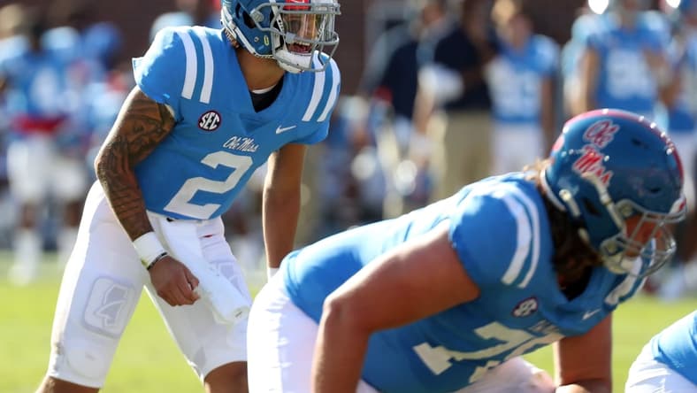 Oct 23, 2021; Oxford, Mississippi, USA; Mississippi Rebels quarterback Matt Corral (2) gives direction prior to the snap during the first half against the LSU Tigers at Vaught-Hemingway Stadium. Mandatory Credit: Petre Thomas-USA TODAY Sports