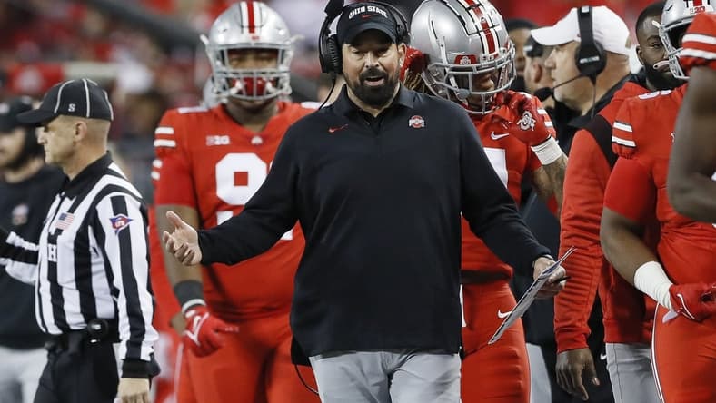 Ohio State Buckeyes head coach Ryan Day walks the sideline during the second quarter of the NCAA football game against the Penn State Nittany Lions at Ohio Stadium in Columbus on Saturday, Oct. 30, 2021.

Penn State At Ohio State Football