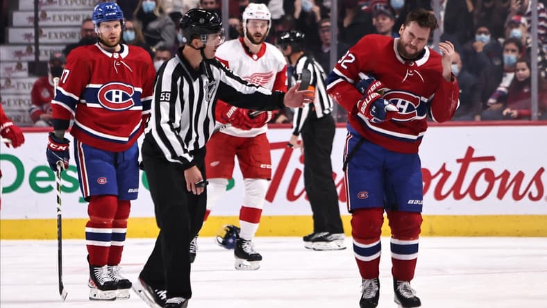 Nov 2, 2021; Montreal, Quebec, CAN; Montreal Canadiens left wing Jonathan Drouin (92) reacts after being hit by the puck during the first period against Detroit Red Wings at Bell Centre. Mandatory Credit: Jean-Yves Ahern-USA TODAY Sports