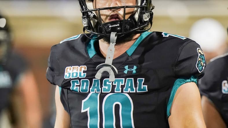 Oct 28, 2021; Conway, South Carolina, USA; Coastal Carolina Chanticleers quarterback Grayson McCall (10) pror to a game against the Troy Trojans at Brooks Stadium. Mandatory Credit: David Yeazell-USA TODAY Sports