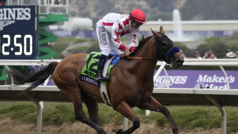 Nov 5, 2021; Del Mar, CA, USA; Corniche finishes in first place in the Breeders Cup Juvenile race during the Breeders Cup World Championships at Del Mar Race track. Mandatory Credit: Ray Acevedo-USA TODAY Sports
