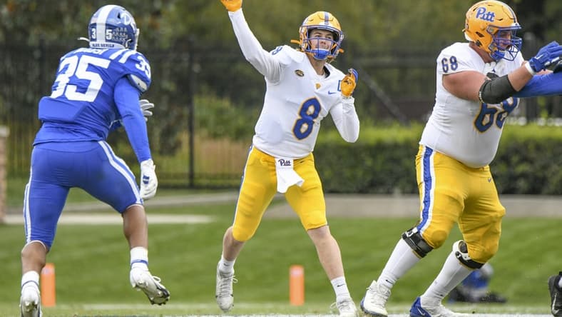 Nov 6, 2021; Durham, North Carolina, USA; Pittsburgh Panthers quarterback Kenny Pickett (8) throws downfield during the second quarter against the Duke Blue Devils at Wallace Wade Stadium. Mandatory Credit: William Howard-USA TODAY Sports