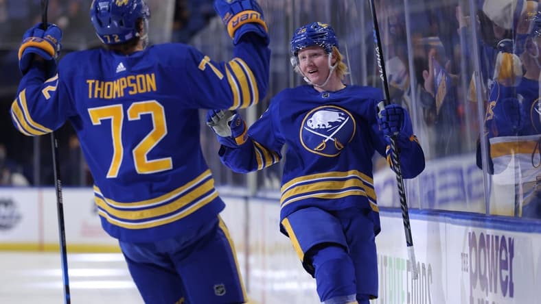 Nov 6, 2021; Buffalo, New York, USA; Buffalo Sabres defenseman Rasmus Dahlin (26) celebrates his goal with right wing Tage Thompson (72) during the second period against the Detroit Red Wings at KeyBank Center. Mandatory Credit: Timothy T. Ludwig-USA TODAY Sports