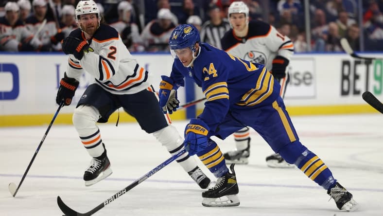 Nov 12, 2021; Buffalo, New York, USA; Buffalo Sabres center Dylan Cozens (24) skates in on goal during the second period against the Edmonton Oilers at KeyBank Center. Mandatory Credit: Timothy T. Ludwig-USA TODAY Sports
