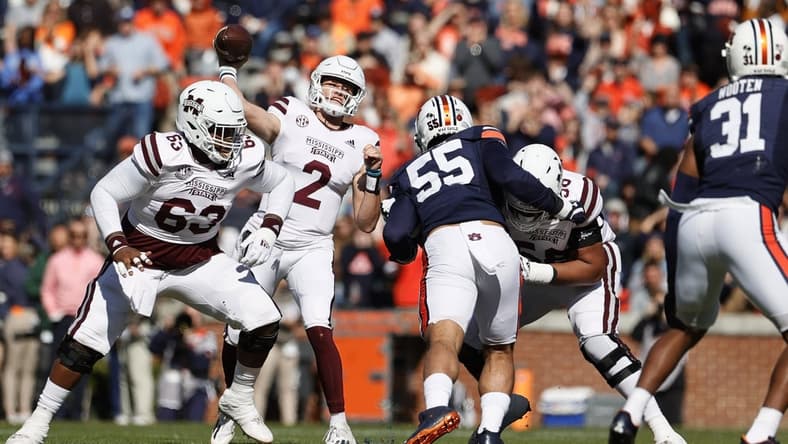 Nov 13, 2021; Auburn, Alabama, USA; Mississippi State Bulldogs quarterback Will Rogers (2) throws a pass during the first quarter against the Auburn Tigers at Jordan-Hare Stadium. Mandatory Credit: John Reed-USA TODAY Sports