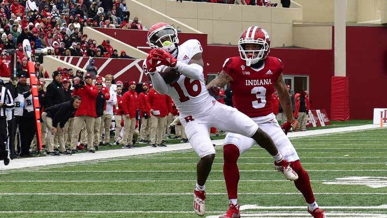 Nov 13, 2021; Bloomington, Indiana, USA; The Rutgers Scarlet Knights defensive back Max Melton (16) intercepts a ball meant for Indiana Hoosiers wide receiver Ty Fryfogle (3) during the second quarter at Memorial Stadium. Mandatory Credit: Marc Lebryk-USA TODAY Sports