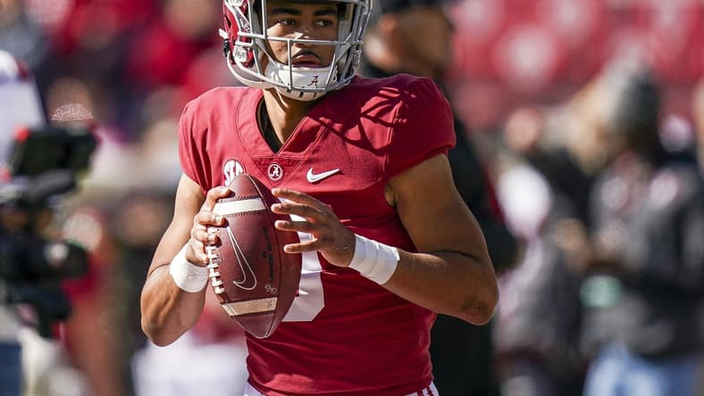 Nov 13, 2021; Tuscaloosa, Alabama, USA; Alabama Crimson Tide quarterback Bryce Young (9) prior to the game against the New Mexico State Aggies at Bryant-Denny Stadium. Mandatory Credit: Marvin Gentry-USA TODAY Sports